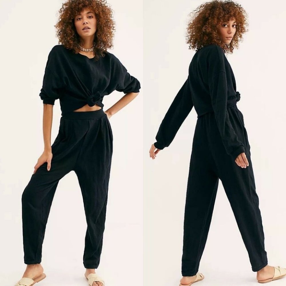 Free‎ People Crop Knot Front Sweatshirt Culver City Sweater Shirt Size XS Black